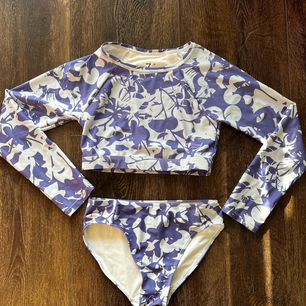Zella kids Purple and White Floral long sleeve crop bathing suit size 8